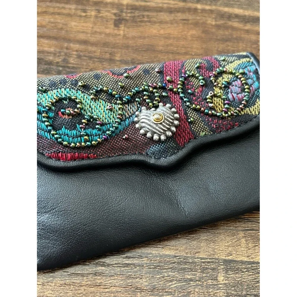 Brighton Black Leather Embroidered & Beaded Compact Wallet Card Case with Snap